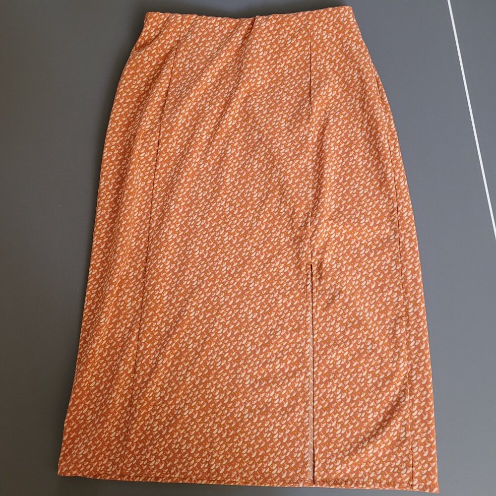 Toad & Co Midi Skirt Small Orange Pattern Front Side Slit with Pockets A line